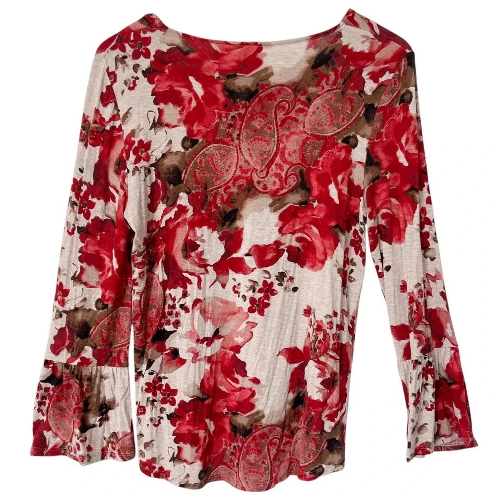 Chicos Size 0 Small Floral Paisley Print Bell Sleeve‎ Top Blouse Soft Knit Boho
